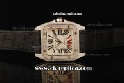 Cartier Santos 100 Swiss ETA 2824 Automatic Movement Diamond Case with White Dial and Black Leather Strap - Black Roman Markers