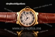 Cartier Ballon Bleu De Medium Asia 4813 Automatic Yellow Gold Case with Silver Dial Roman Numeral Markers and Brown Leather Strap (GF)