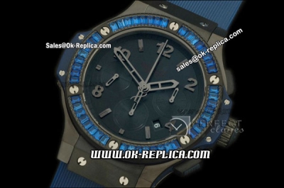 Hublot Big Bang Blue Diamond Bezel Swiss Valjoux 7750 Automatic Movement PVD Case Black Dial and Blue Rubber Strap