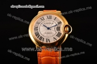 Cartier Ballon Bleu De Medium Asia 4813 Automatic Yellow Gold Case with Silver Dial Roman Numeral Markers and Orange Leather Strap (GF)