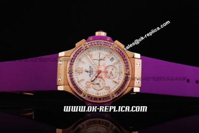 Hublot Big Bang Diamond Bezel Chronograph Swiss Quartz Movement Rose Gold Case with White Dial and Purple Rubber Strap