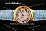 Cartier Ballon Bleu De Medium Asia 4813 Automatic Yellow Gold Case with Silver Dial Roman Numeral Markers and Light Blue Leather Strap (GF)