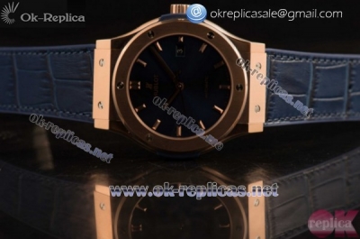 Hublot Classic Fusion Miyota 9015 Automatic Rose Gold Case Blue Dial Stick Markers Blue Leather Strap (AAAF)