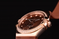 Omega Constellation Swiss ETA Quartz Rose Gold Case with Brown Dial and Brown Rubber Strap - Diamond Bezel