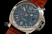 Panerai PAM 089 Luminor GMT Swiss Valjoux 7750 Automatic Movement Silver Case with Blue Dial and Brown Leather Strap-Green Markers