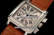 Franck Muller Conquistador Swiss Valjoux 7750 Movement with White Dial and Black Numeral Markers-Brown Leather Strap