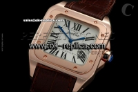 Cartier Santos 100 Swiss ETA 2892 Automatic Movement Rose Gold Case with White Dial and Brown Leather Strap