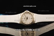 Omega Constellation Swiss Quartz Movement Steel Case with White Dial and Diamond Markers - White Leather Strap