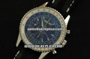 Breitling Montbrillant Datora Swiss Valjoux 7750 Automatic Movement Silver Case with Blue Dial and Black Leather Strap