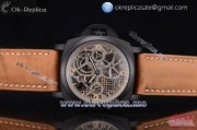 Panerai Luminor 1950 Tourbillon GMT Swiss ETA 6497 Manual Winding PVD Case with Skeleton Dial Stick/Arabic Numeral Markers and Brown Leather Strap