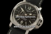 Panerai PAM 238 Luminor GMT Swiss Valjoux 7750 Automatic Movement Silver Case with Black Dial and Black Leather Strap