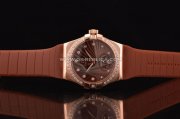 Omega Constellation Swiss ETA Quartz Rose Gold Case with Brown Dial and Brown Rubber Strap - Diamond Bezel