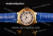 Cartier Ballon Bleu De Medium Asia 4813 Automatic Yellow Gold Case with Silver Dial Roman Numeral Markers and Blue Leather Strap (GF)