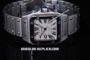 Cartier Santos 100 Automatic Movement with white Dial and Black Rome Markers-SSband