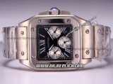 Cartier Santos 100 Automatic Movement Silver Case with Black Dial-Three Subdials and Roman Markers-SS Strap