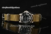 Rolex Submariner Vintage Asia 2813 Automatic Steel Case with Black Dial White Markers and Army Green Nylon Strap