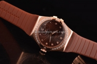 Omega Constellation Swiss ETA Quartz Rose Gold Case with Brown Dial and Brown Rubber Strap - Diamond Bezel