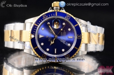 Rolex Submariner Clone Rolex 3135 Automatic Steel Case with Blue Dial Dot Markers Two Tone Bracelet and Yellow Hands (BP)