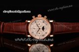 Patek Philippe Grand Complication Chronograph Swiss Valjoux 7750 Manual Winding Rose Gold Case with White Dial Roman Numerals and Brown Leather Strap