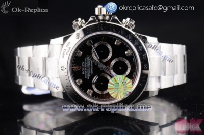 Rolex Daytona Chrono Clone Rolex 4130 Automatic Steel Case with Black Dial Diamonds Markers and Stainless Steel Bracelet (BP)