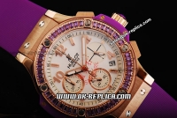 Hublot Big Bang Diamond Bezel Chronograph Swiss Quartz Movement Rose Gold Case with White Dial and Purple Rubber Strap