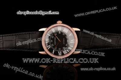 Cartier Ronde Solo Swiss ETA 2836 Automatic Rose Gold Case with Black Dial Diamond Bezel and Black Leather Strap