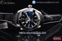 Omega Seamaster Planet Ocean GMT Master Chronometer Swiss ETA 2824 Automatic Steel Case with Black Dial Stick Markers and Black Leather Strap (BP)