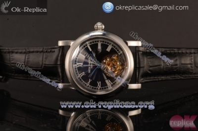 Patek Phillippe Complication Tourbillon Swiss Tourbillon Manual Winding Steel Case with Black Dial Roman Numeral Markers and Black Leather Strap