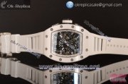 Richard Mille RM 011 Chrono Swiss Valjoux 7750 Automatic Ceramic Case with Skeleton Dial Arabic Numeral Markers and White Rubber Strap - 1:1 Origianl (KV)