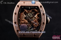 Richard Mille RM 51-01 Tourbillon Tiger and Dragon Asia Manual Winding Rose Gold Case with Dot Markers Seleton Dial and Black Rubber Strap