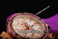 Hublot Big Bang Diamond Bezel Chronograph Swiss Quartz Movement Rose Gold Case with White Dial and Purple Rubber Strap