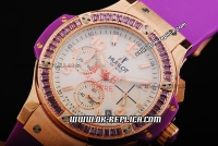 Hublot Big Bang Diamond Bezel Chronograph Swiss Quartz Movement Rose Gold Case with White Dial and Purple Rubber Strap