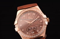 Omega Constellation Swiss ETA Quartz Rose Gold Case with Brown Dial and Brown Rubber Strap - Diamond Bezel