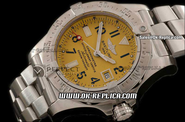 Breitling Avenger Seawolf Swiss ETA 2824 Automatic Movement Silver Case with Yellow Dial-Black Number Markers and SS Strap - Click Image to Close