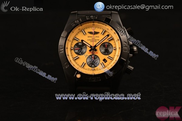 Breitling Chronomat B01 44 Blacksteel Chrono Swiss Valjoux 7750 Automatic PVD Case Yellow Dial Black Rubber Strap Stick Markers - Click Image to Close