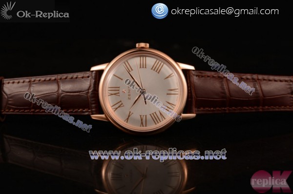 Zenith Vintage Miyota 9015 Automatic Rose Gold Case with Silver Dial Roman Numeral Markers and Brown Leather Strap (AAAF) - Click Image to Close